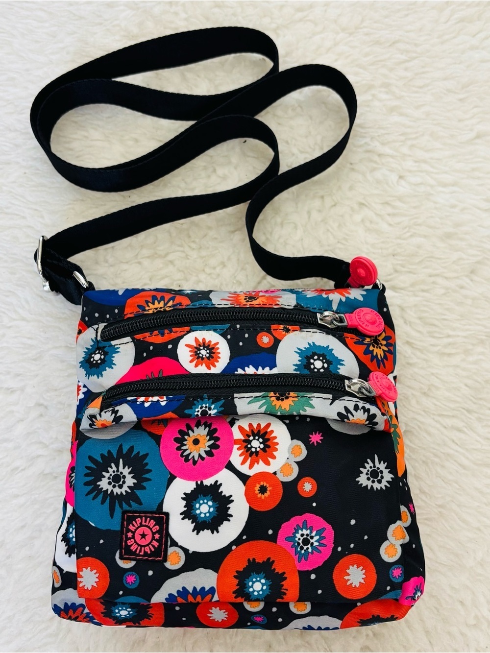 Kipling Floral Dot Crossbody Bag in Black, Orange, Pink & Blue size 7”x7”x2”
